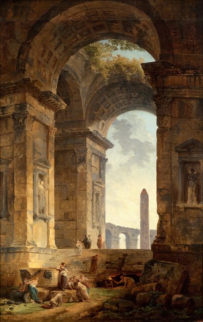 Ruïnes met een obelisk in de verte door Hubert Robert